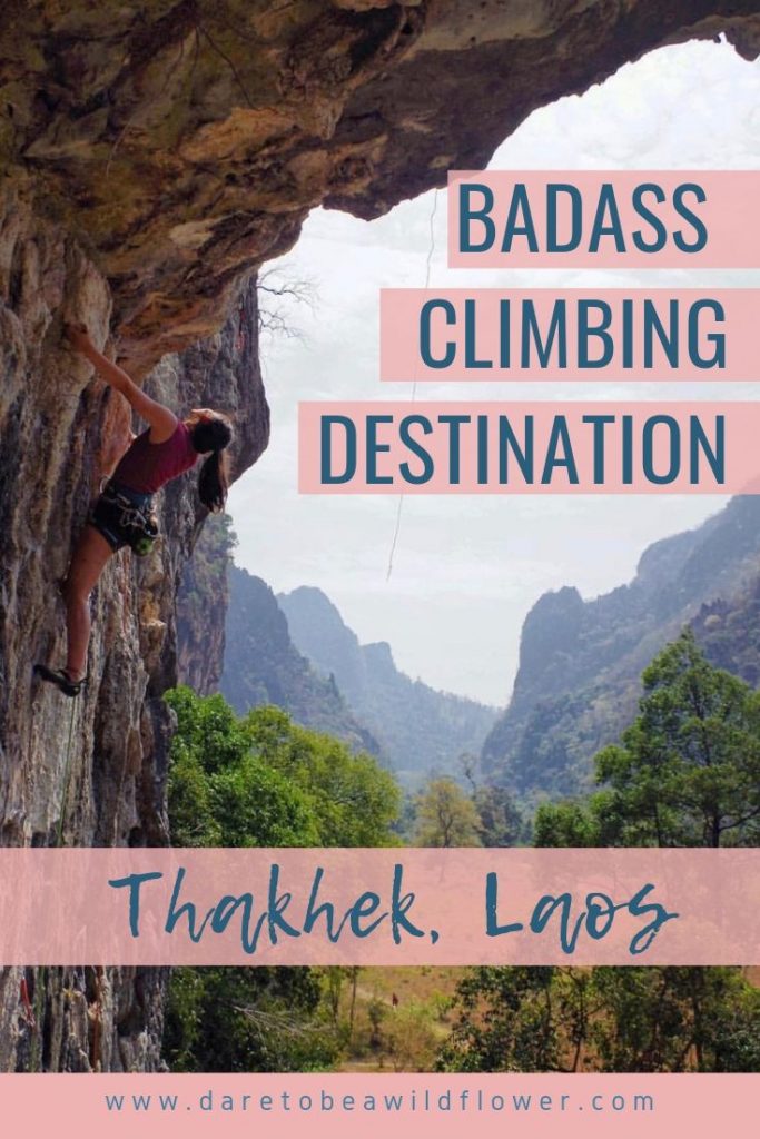 Woman rock climbing a multi-pitch climb in Thakhek, Laos in Southeast Asia. 