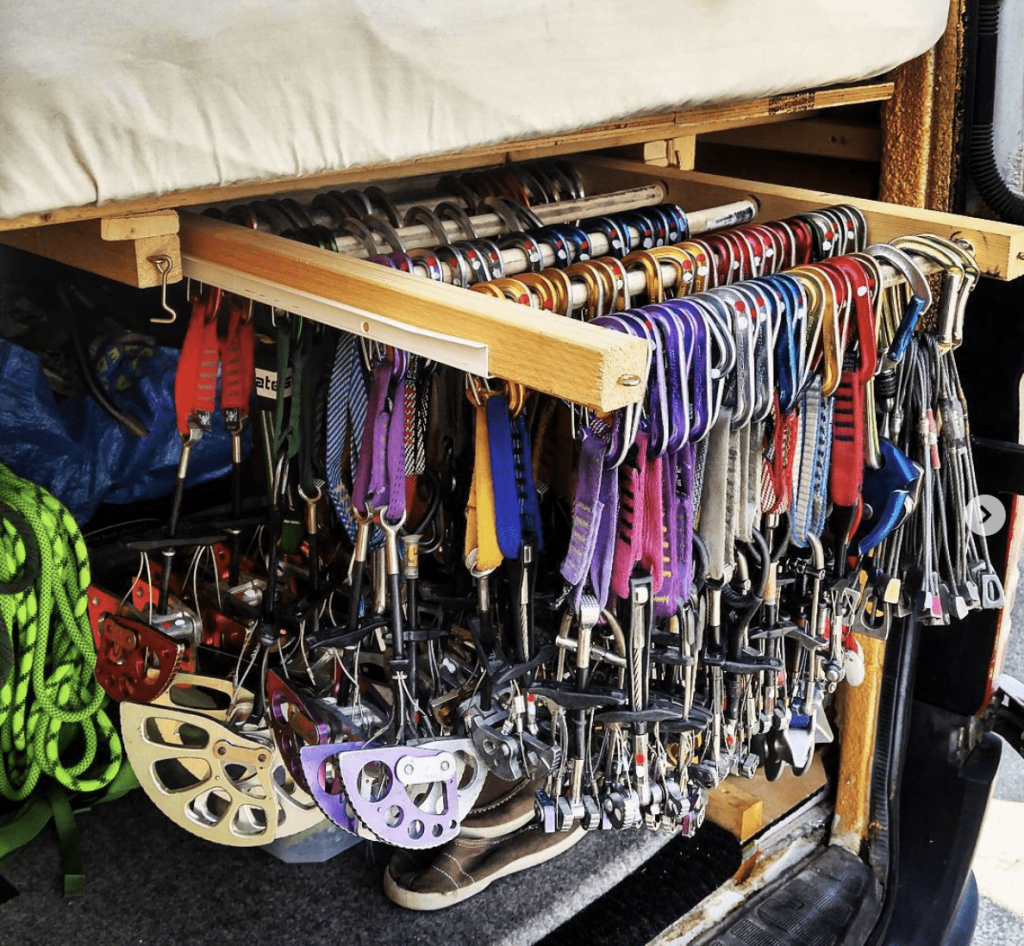 things climbers can do at home | trad cams, rock climbing gear storage in van