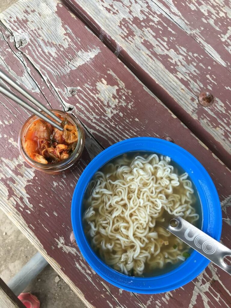 What To Eat Before, During, And After A Hike (With Images) 8 Ramen and kimchi make a fantastic, spicy hiker lunch.