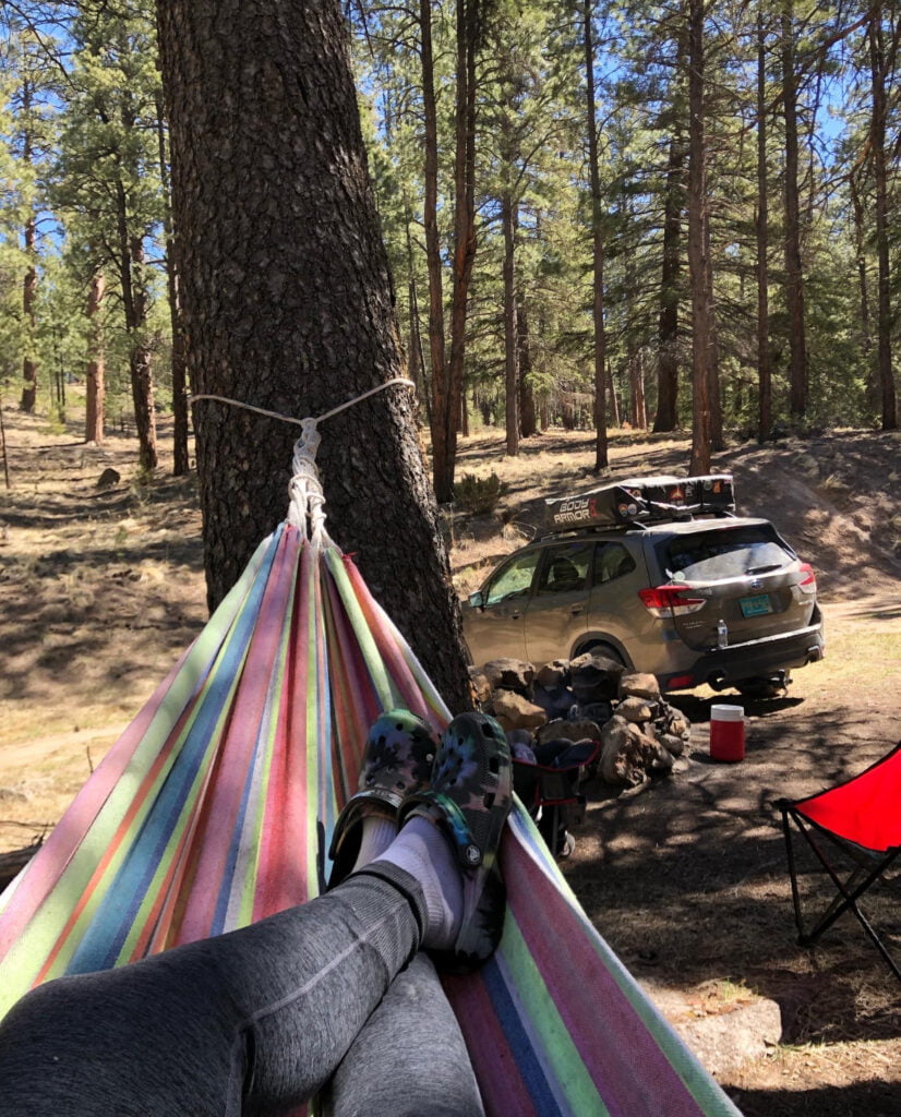 Most forgotten camping items that should definitely be on your checklist! 5 A person relaxing in a hammock in the woods.